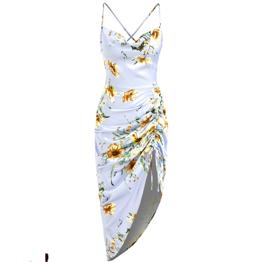 L | Cider Floral Dress | Cowl Neck Ruched Bodice Midi Dress